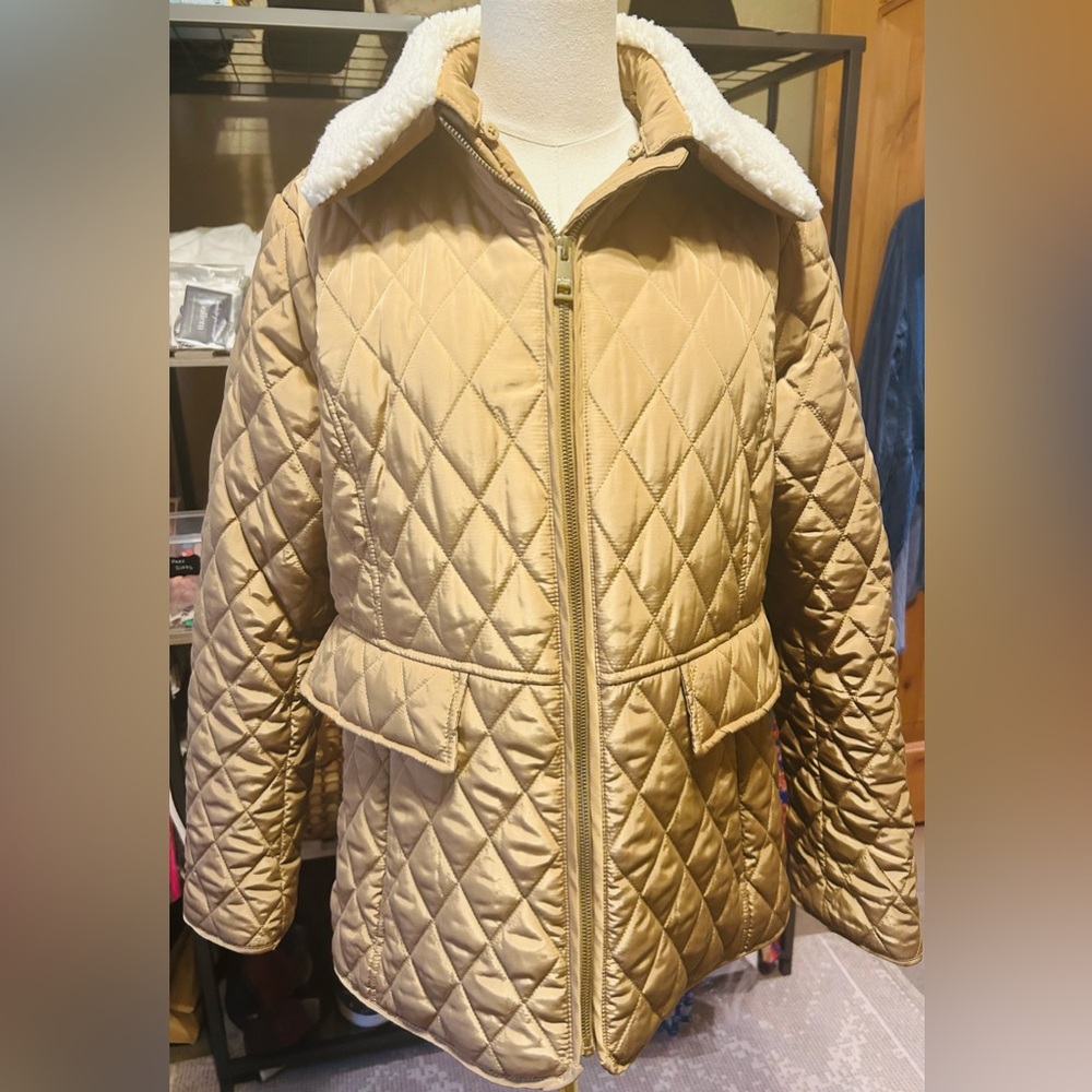 Michael Kors Gold Diamond Quilted Coat with Removable White Sherpa Collar